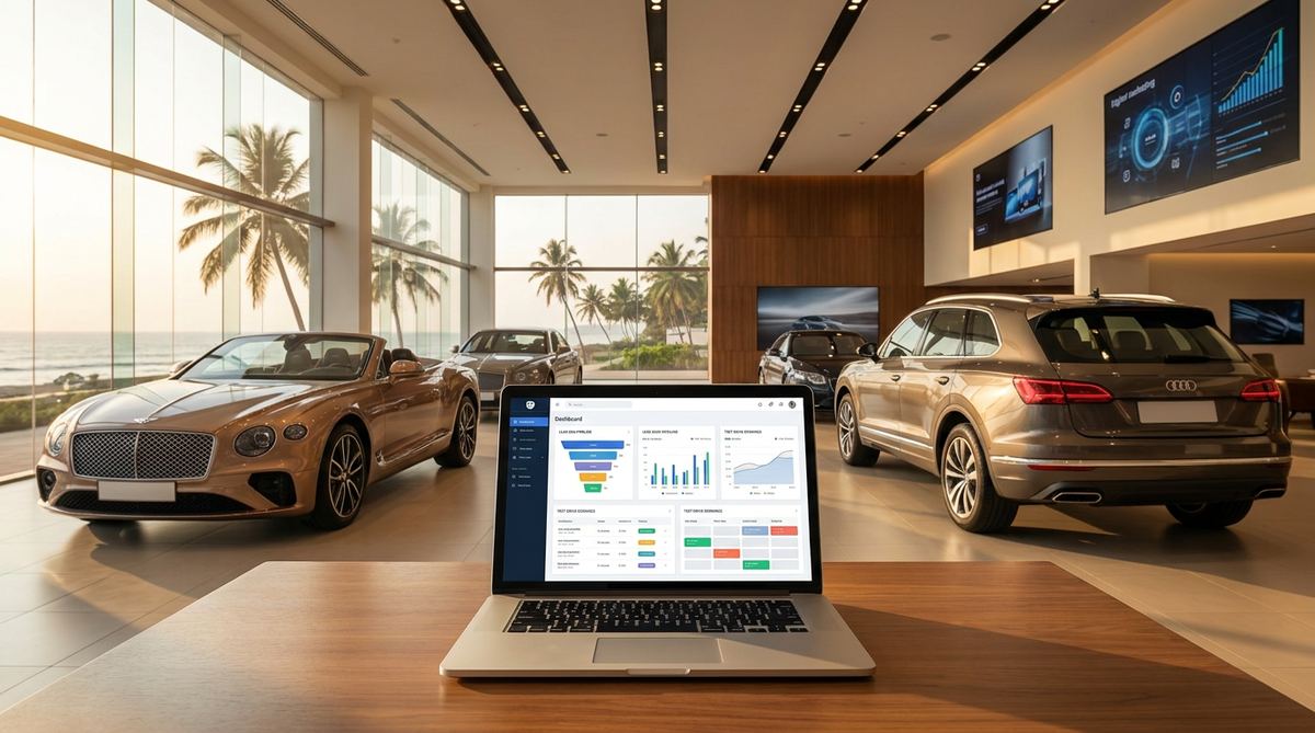 Car dealership showroom in Goa with a lead-generation dashboard