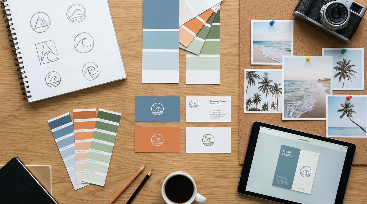 Brand identity design flat-lay with logo, colours and business cards