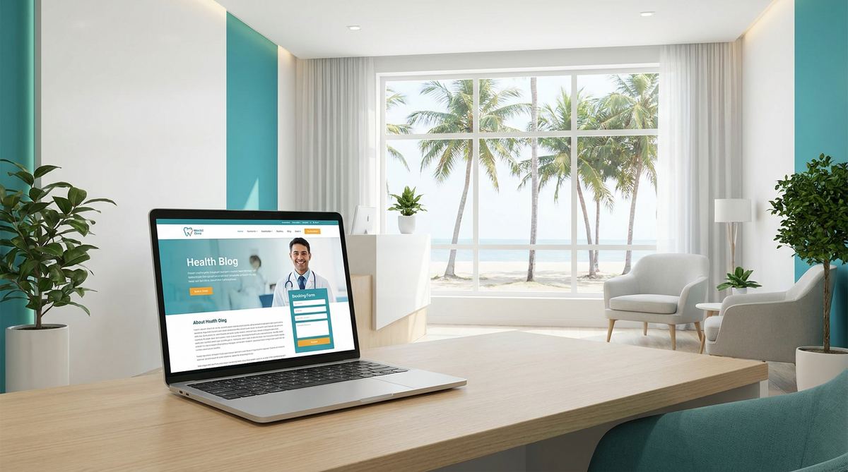 Modern Goa dental clinic with a health article and booking on a laptop