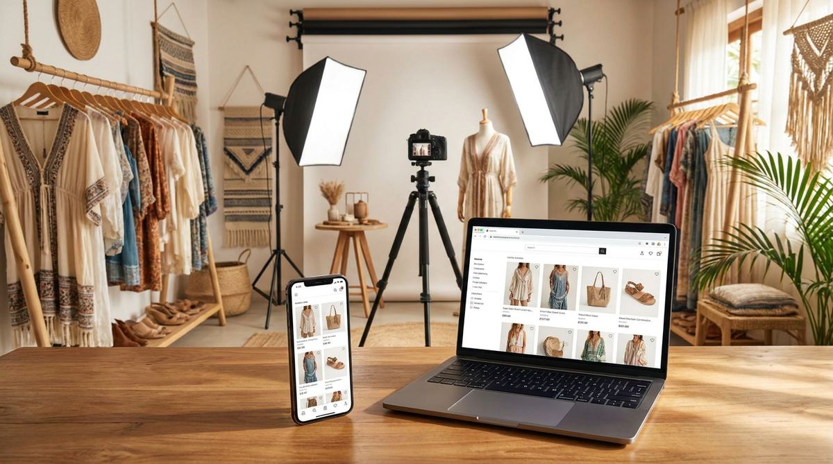 Goa fashion boutique with an online store shown on a laptop and phone