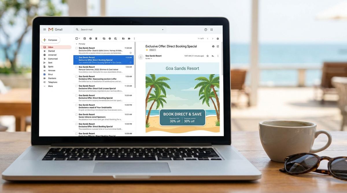 Laptop showing a hotel email newsletter with a Goa beach resort offer