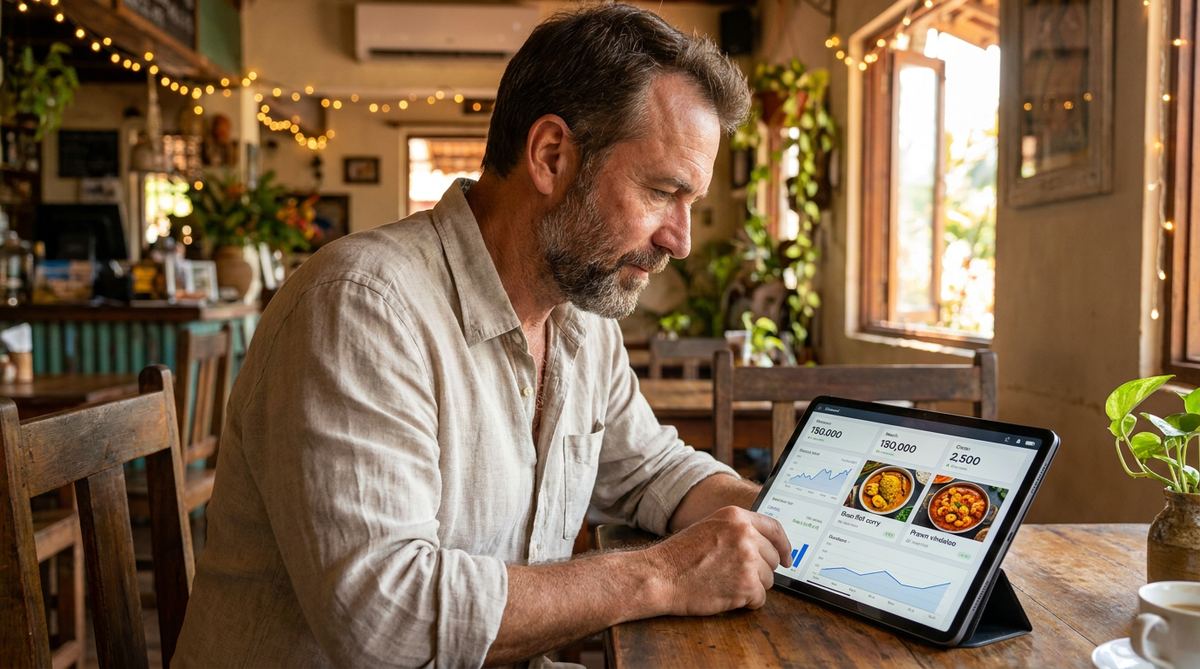 Goa cafe owner reviewing a Facebook Ads campaign on a tablet
