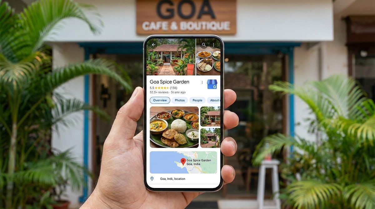 Google Business Profile listing with five-star reviews on a phone