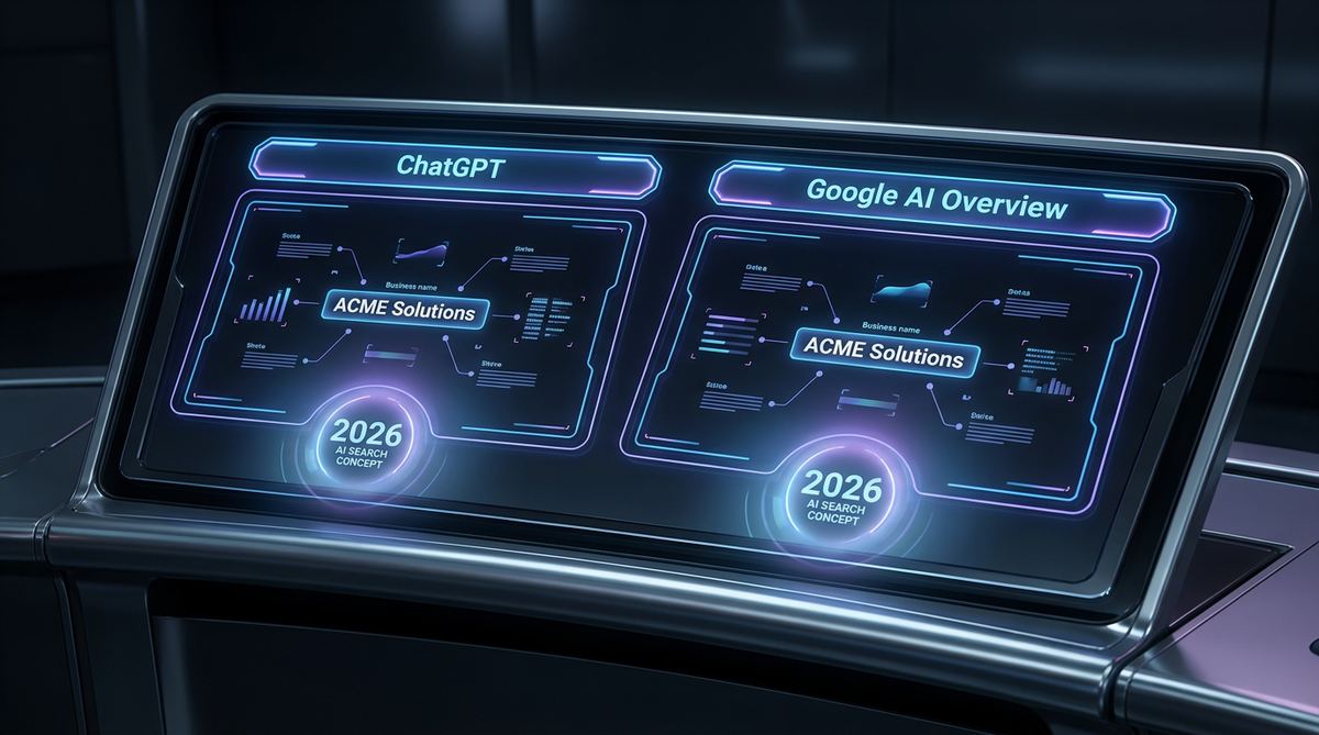 Futuristic AI search interface citing a business as the answer