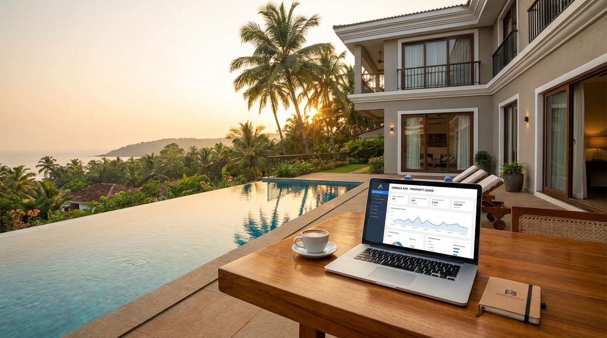 Luxury Goa villa with a Google Ads leads dashboard on a laptop