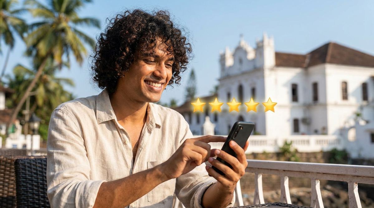 Happy Goa customer leaving a five-star Google review on a phone