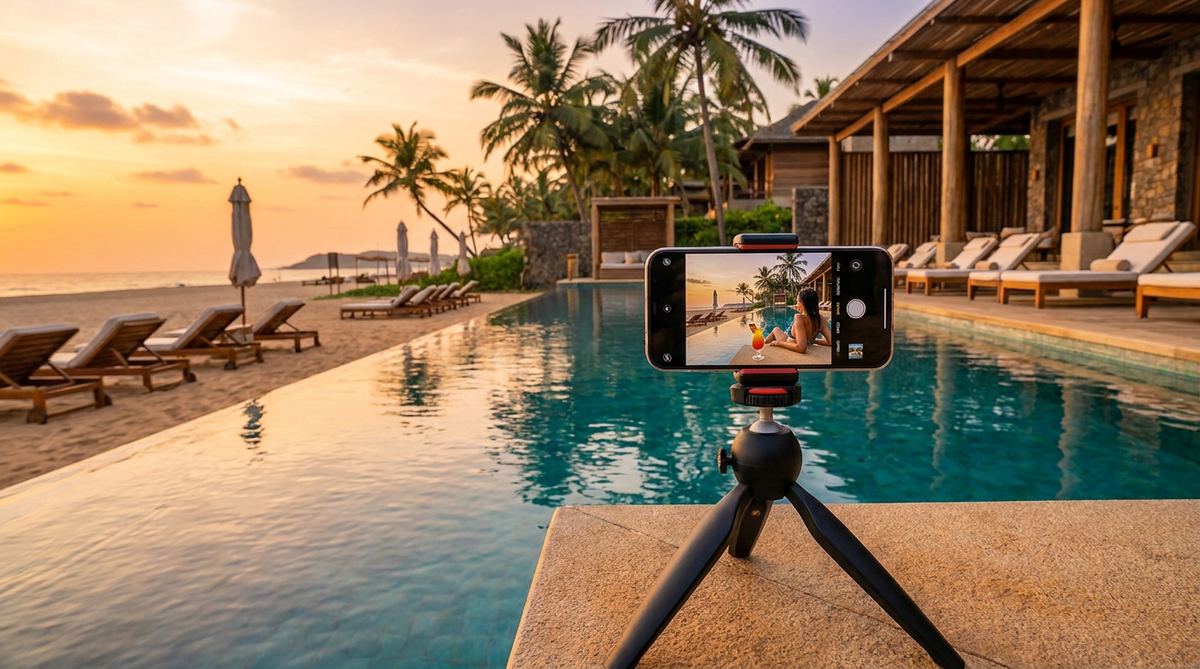Instagram content shoot at a luxury Goa beach resort at golden hour