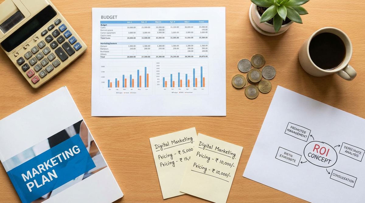 Marketing budget planning with calculator and plan on a Goa office desk