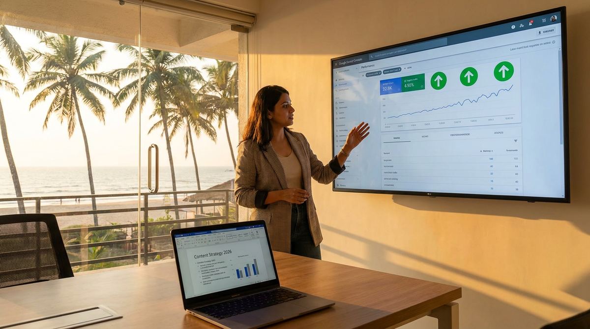 SEO analytics dashboard showing rising organic traffic for a Goa business
