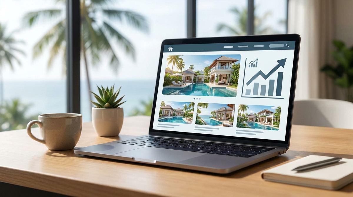 Goa real estate website with rising SEO ranking graphs on a laptop