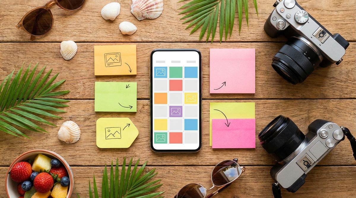 Flat-lay of social media content planning for a Goa business