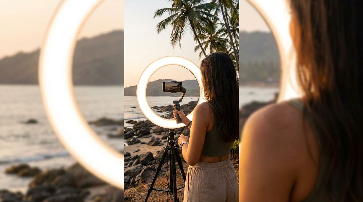 Creator filming a vertical reel with a smartphone at a scenic Goa location