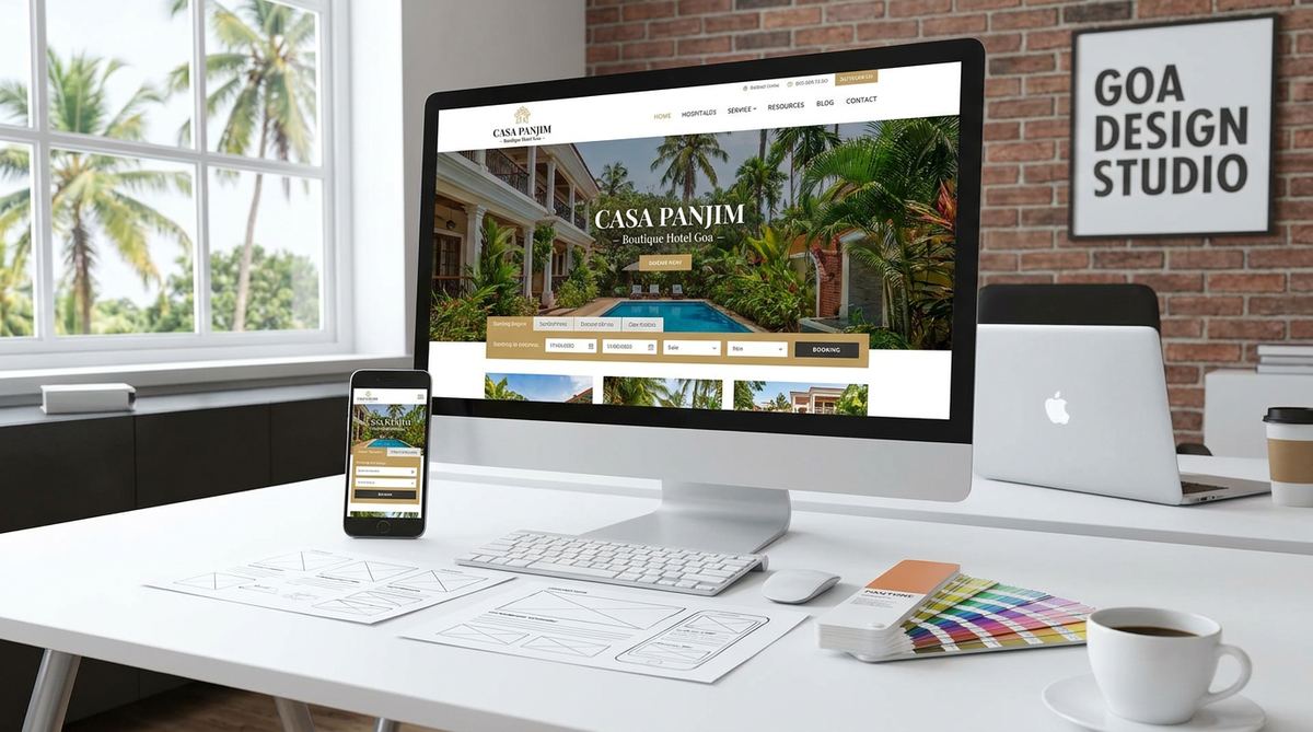 Designer working on a high-converting hospitality website in a Goa studio