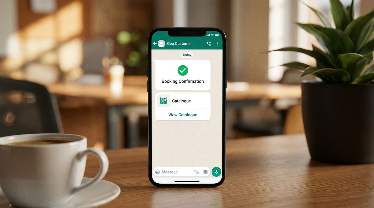 WhatsApp Business chat with a Goa customer booking confirmation